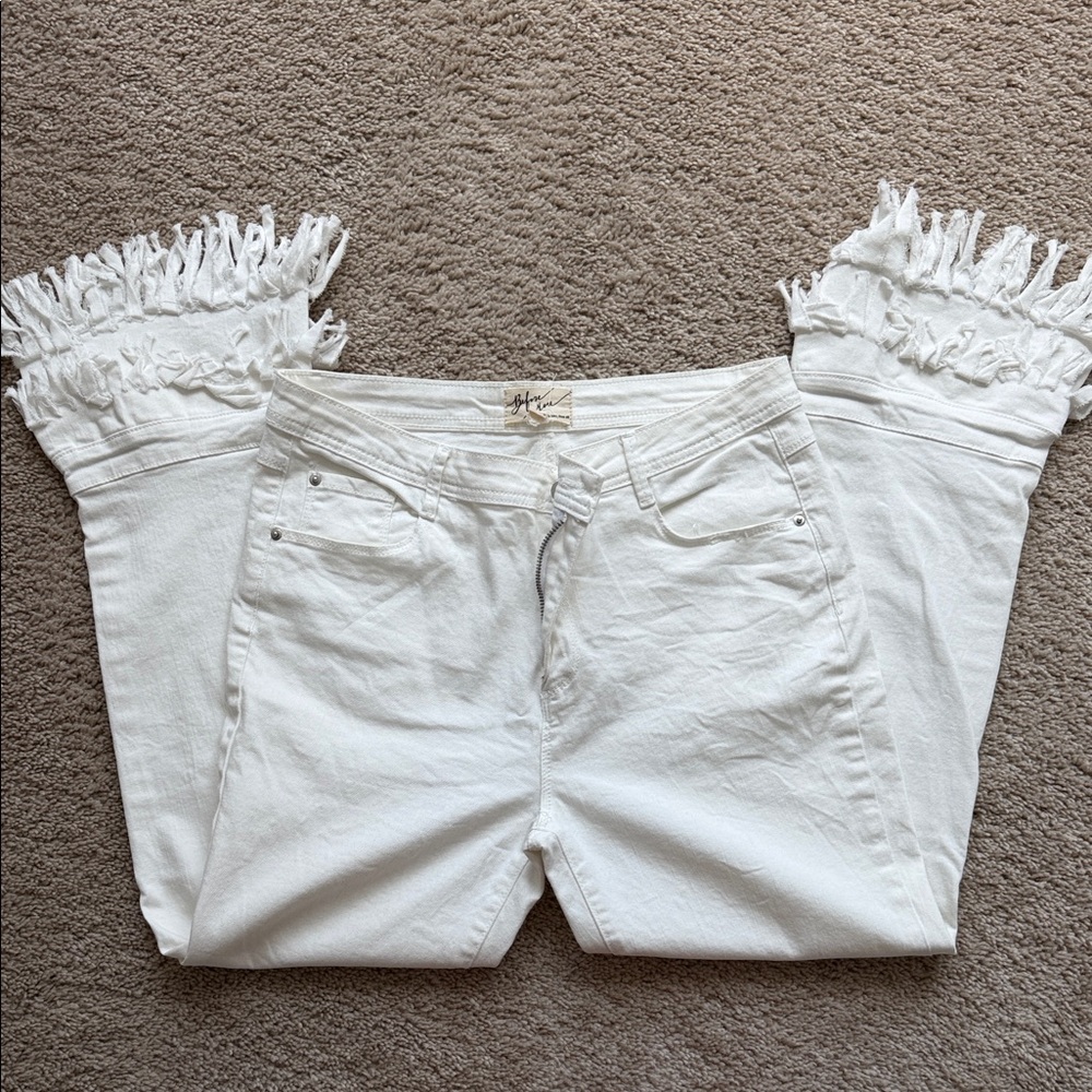 Women's White Flared Jeans with Fringe Hem